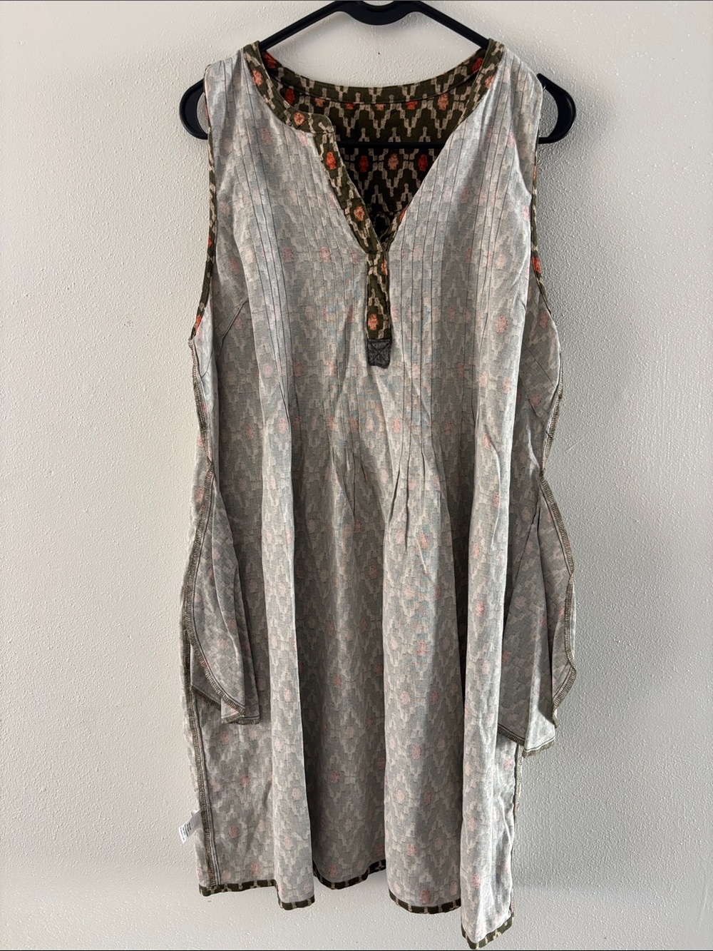 Sonoma Olive Ikat-Print Sleeveless Shift Dress with Orange Accents-Linen Blend- - Picture 5 of 6